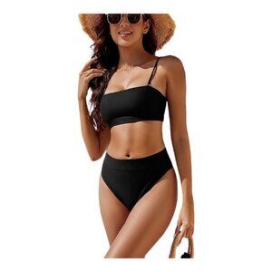 Women's Bandeau Bikini Swimsuit High Waisted Bottom Black Size Large EUC #1148